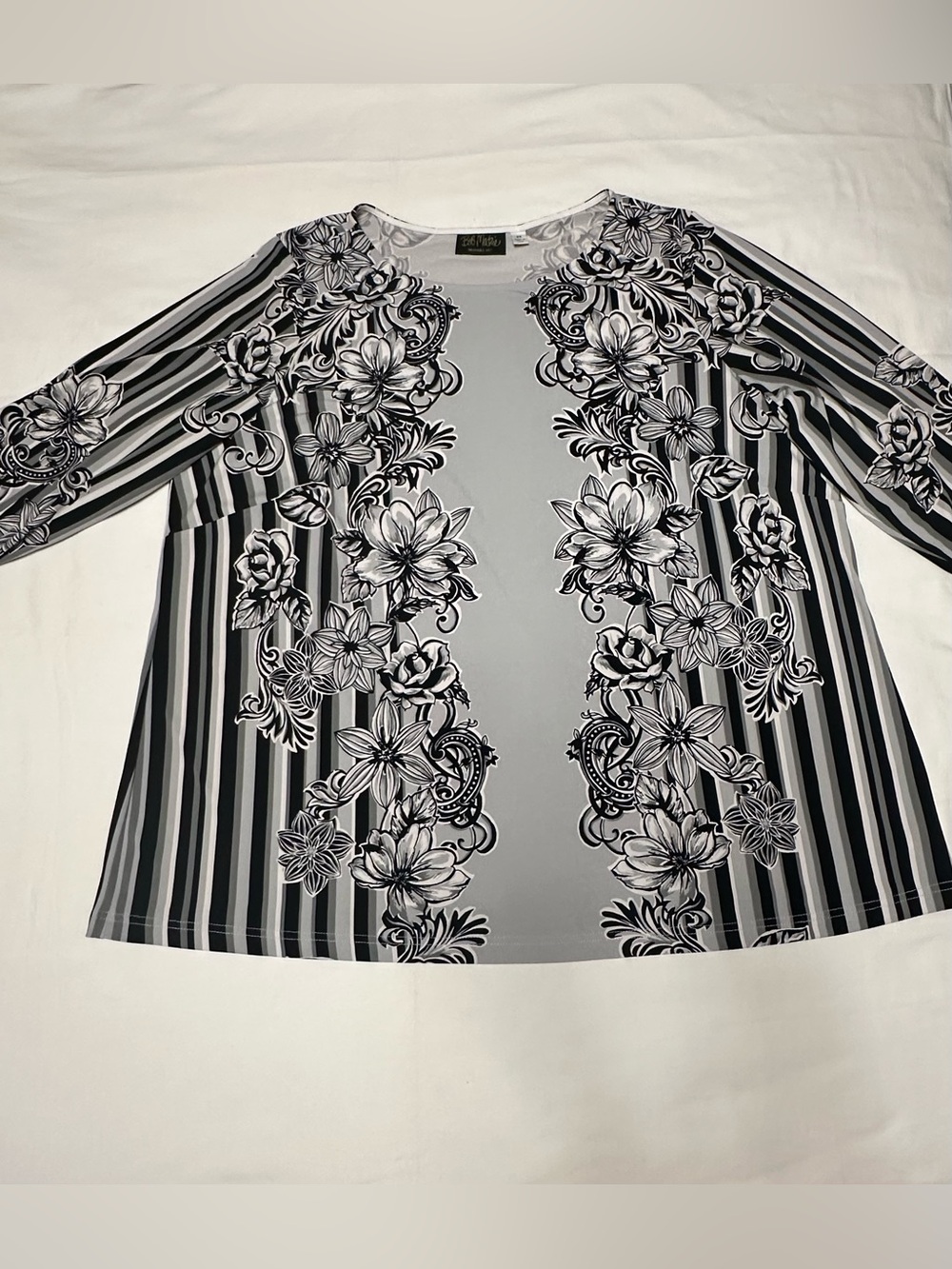 Bob Mackie Black & Gray Floral Stripe Long Sleeve Top